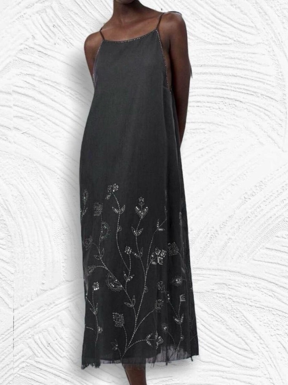Zara NWT charcoal gray 100% cotton  Embroidered beaded slip Dress, Tie Straps
